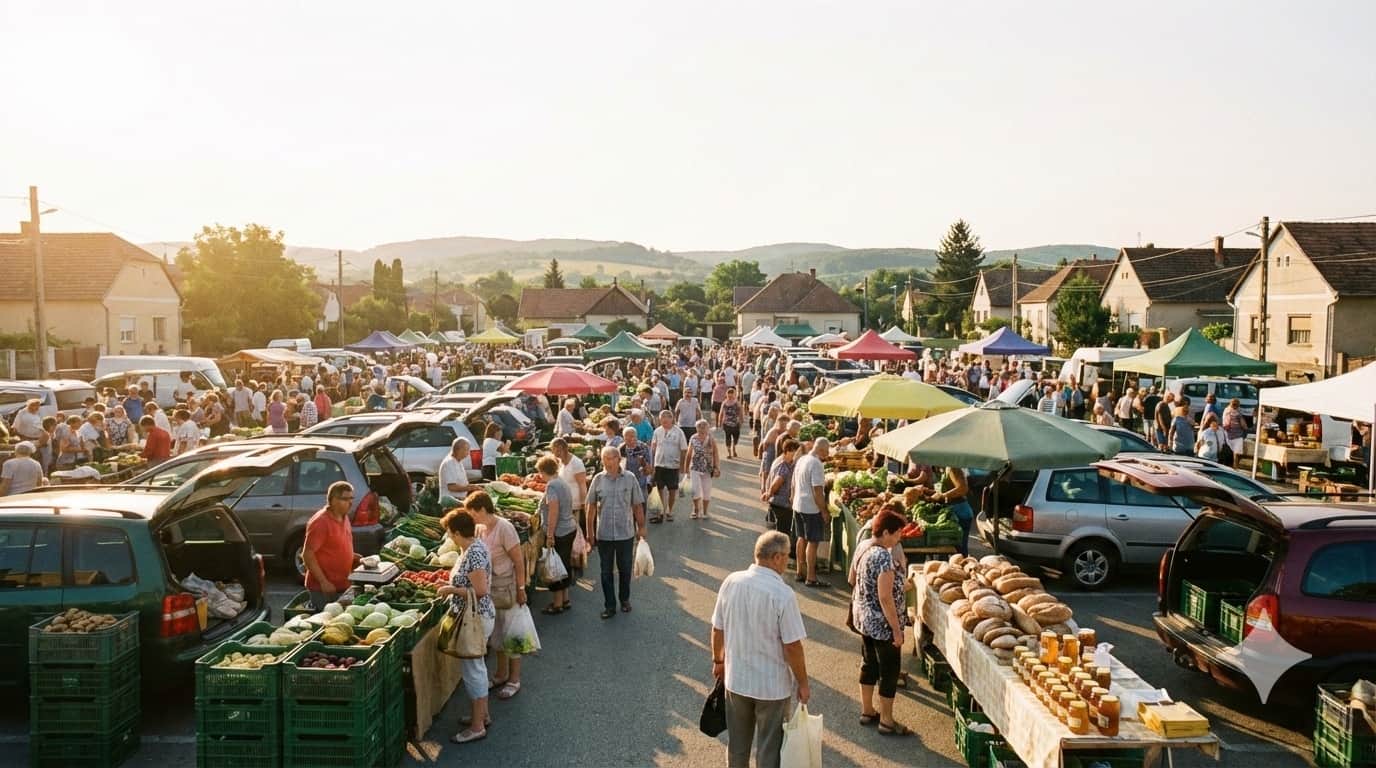 Frischer Bauernmarkt mit Gemüse und Obst